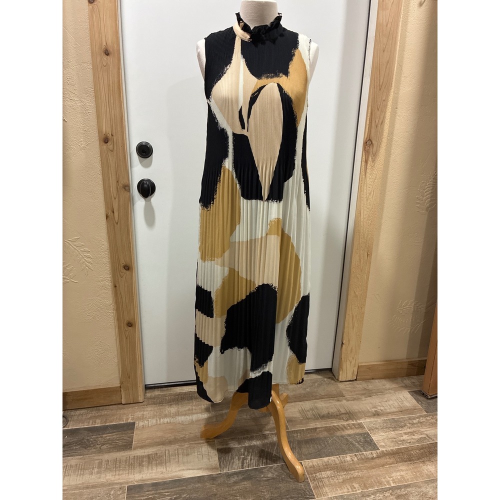 Chicos BlackLabel Abstract Pleated Midi Dress Ruffle Neck Black Tan Size 4 Small